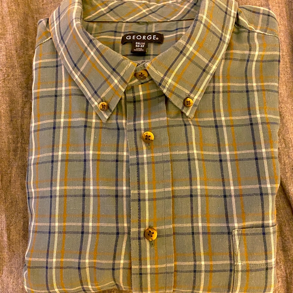 Mens thin flannel button down shirt. Sage green with white, navy, tan plaid 2XL